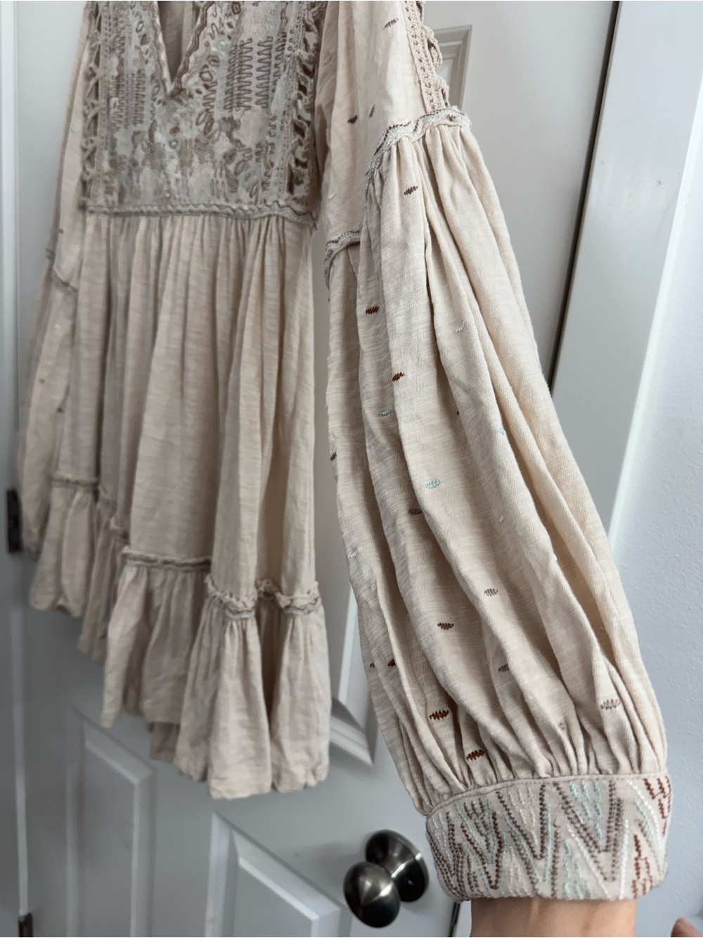 Free People Boho Embroidered Babydoll Mini Dress Cream Crochet Sleeve Small - Picture 4 of 11